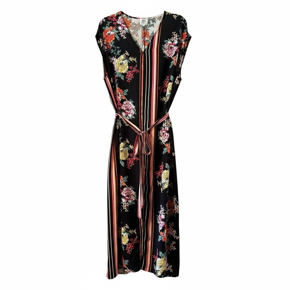 dRA Los Angeles Floral Stripe V-Neck Belted Midi Dress Black White Womens Medium